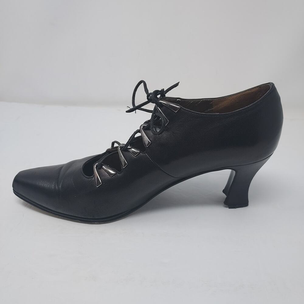 Prevata Black Leather Pointed Toe Kitten Heel Lace Up Shoes Size 7 - Picture 5 of 11